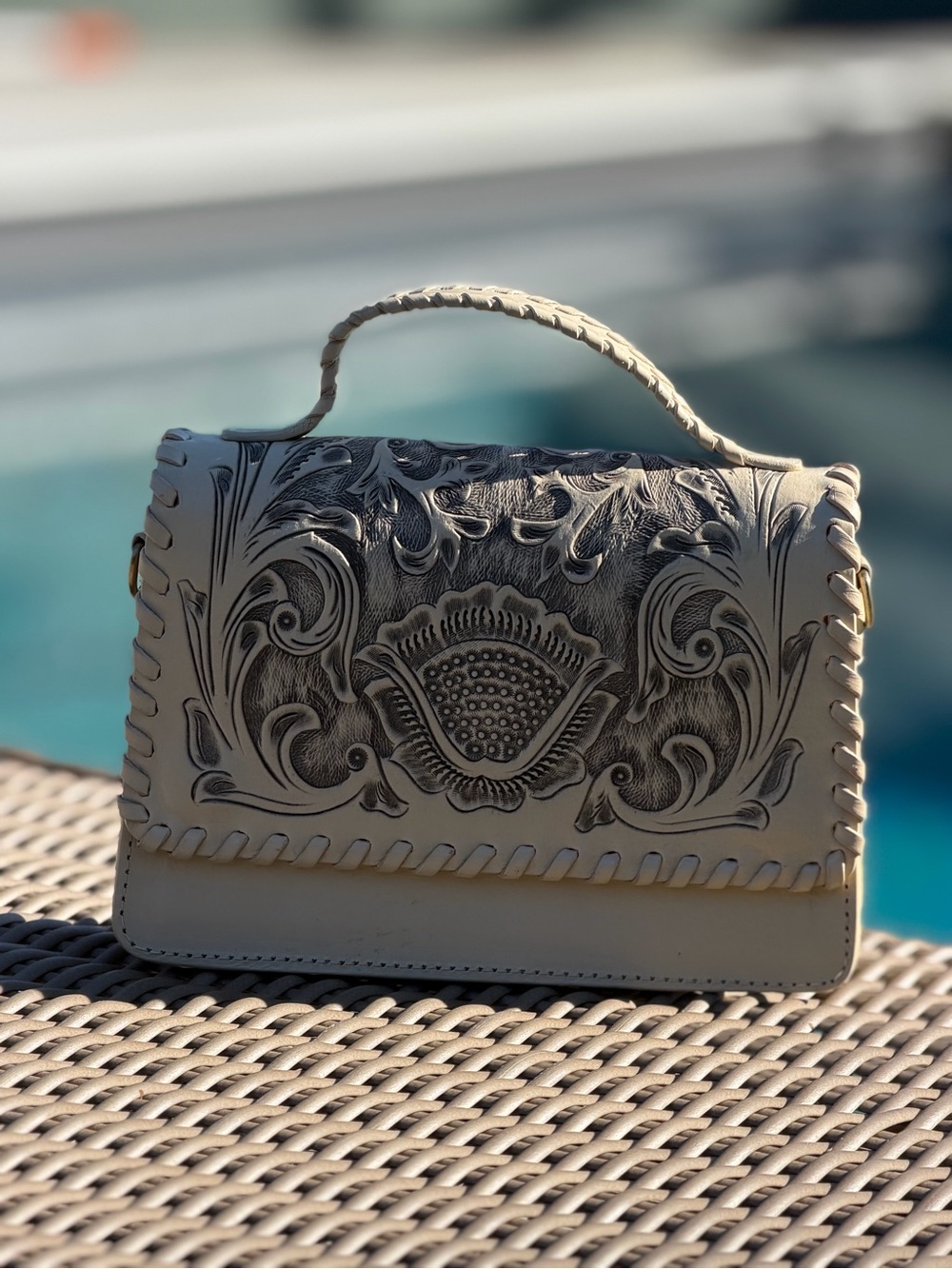 Women's Cream Tooled Leather Top-Handle Bag